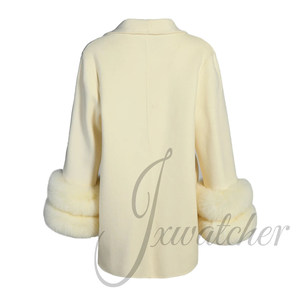 Jxwatcher Women's Wool Coats with Real Fur Cuffs Ladies Fall Fashion Wool & Blend Coats Elegant Winter Outerwear