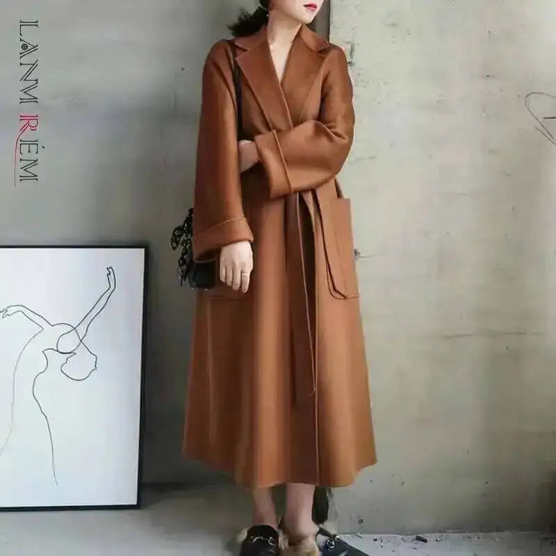 LANMREM 2025 High-End Water Ripple Double-Sided Wool Coat | Long Robe-Style