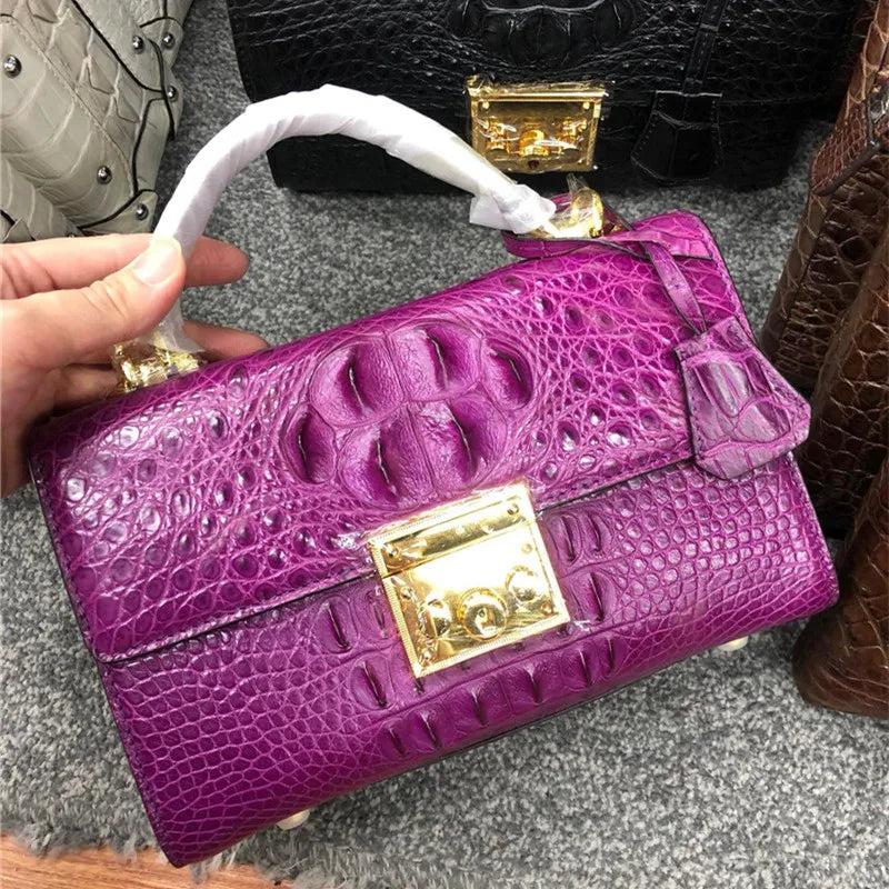 Genuine Alligator Skin Key Lock Closure Lady Small Green Handbag Authentic Crocodile Leather Women Flap Purse Cross Shoulder Bag