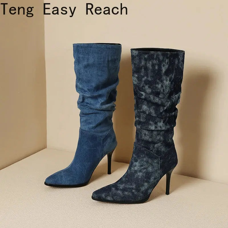 Blue Denim Knee High Cowboy Boots for Women 2025 Autumn Pleated High Heels Long Boots Woman Stiletto Heeled Jeans Botas Shoes JNi3 shop
