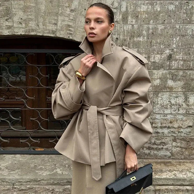 Lace Up Lapel Collar Windbreaker Women Shoulder Pat Long Sleeves Wide Shoulder Coats 2025 Autumn Commute Daily Jacket JNi3 shop