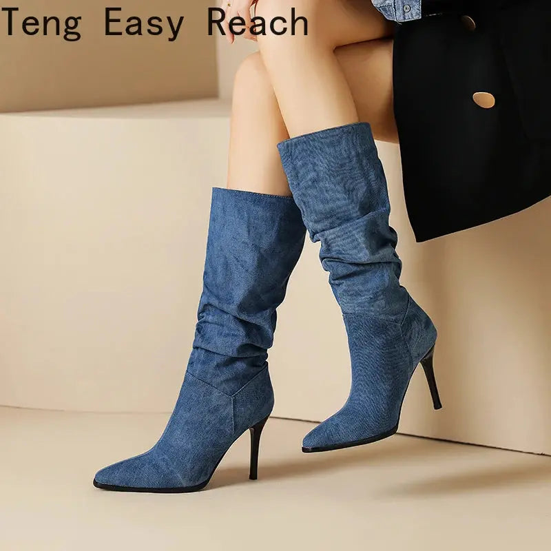 Blue Denim Knee High Cowboy Boots for Women 2025 Autumn Pleated High Heels Long Boots Woman Stiletto Heeled Jeans Botas Shoes JNi3 shop