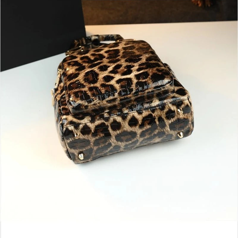 Genuine Leather Travel Backpack Leopard Print Storage Bag Designer Luxury Handbag