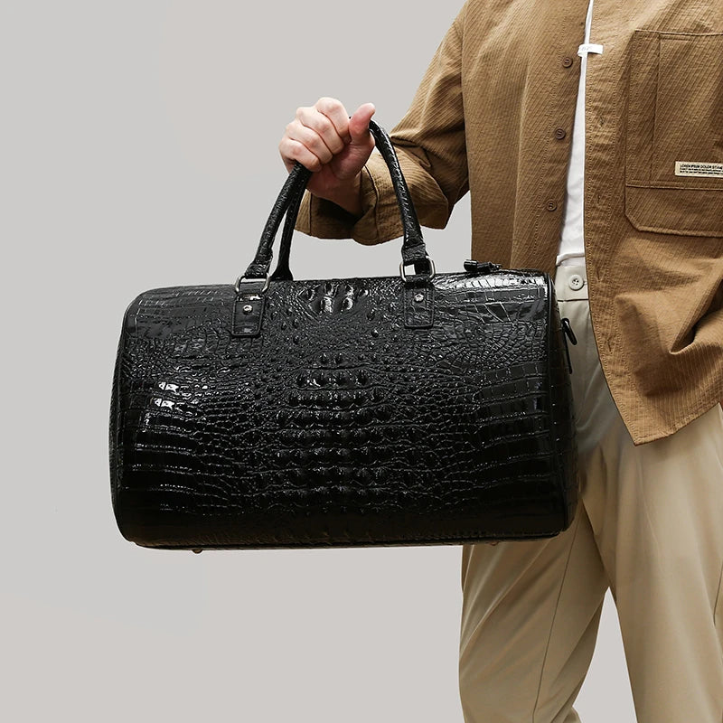 Men’s Luxury Crocodile Pattern Travel Duffel – Large Capacity Glossy Alligator Embossed Weekender & Business Luggage