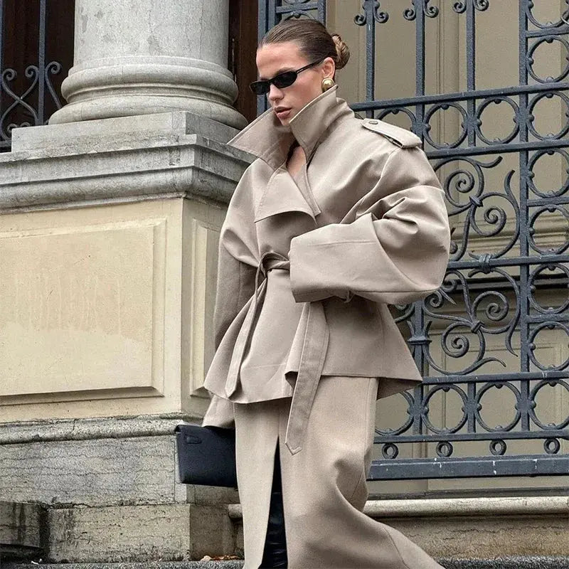 Lace Up Lapel Collar Windbreaker Women Shoulder Pat Long Sleeves Wide Shoulder Coats 2025 Autumn Commute Daily Jacket JNi3 shop