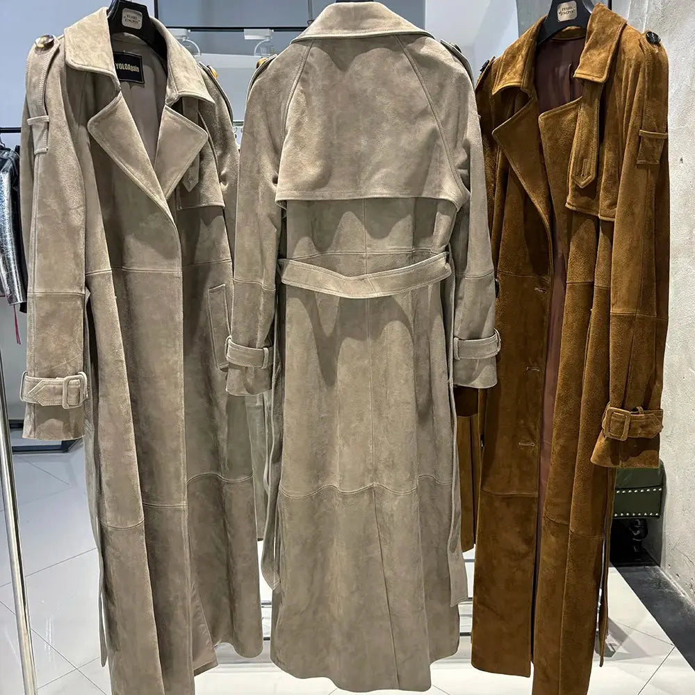 Women's Real Leather Trench Coat Long High Quality Windbreak Oversized JNi3 shop