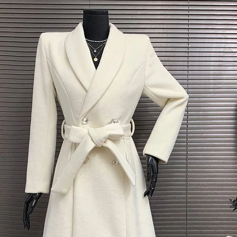 New Elegant White Woolen Coat - Thick Double-Breasted Long Winter/Autumn