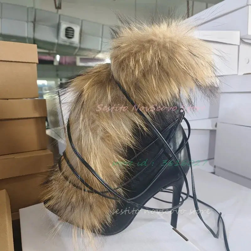 Pointed Toe Fur Mid Calf Boots Stiletto Heels Ankle Straps Fashion Warm Shoes In Winter Solid Plush Sexy Party Dress Shoes JNi3 shop