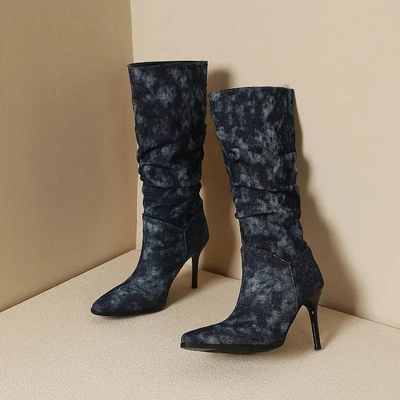 Blue Denim Knee High Cowboy Boots for Women 2025 Autumn Pleated High Heels Long Boots Woman Stiletto Heeled Jeans Botas Shoes JNi3 shop