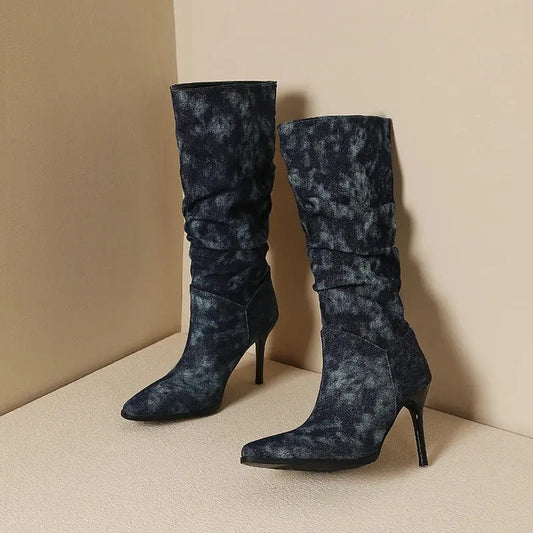 Blue Denim Knee High Cowboy Boots for Women 2025 Autumn Pleated High Heels Long Boots Woman Stiletto Heeled Jeans Botas Shoes JNi3 shop