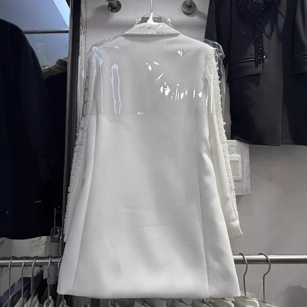 GALCAUR Solid Slimming Spliced Bead Blazer for Women Lapel Long Sleeves Patchwork Single Botton Fashion Coat Female Clothing New