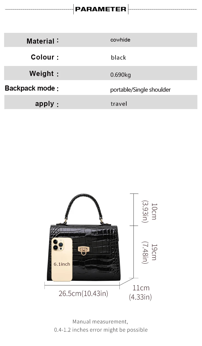 New Lacquer Skin Crocodile Pattern Women's Handbag Top Layer Cowhide Styled High Grade Single Shoulder Crossbody Bag