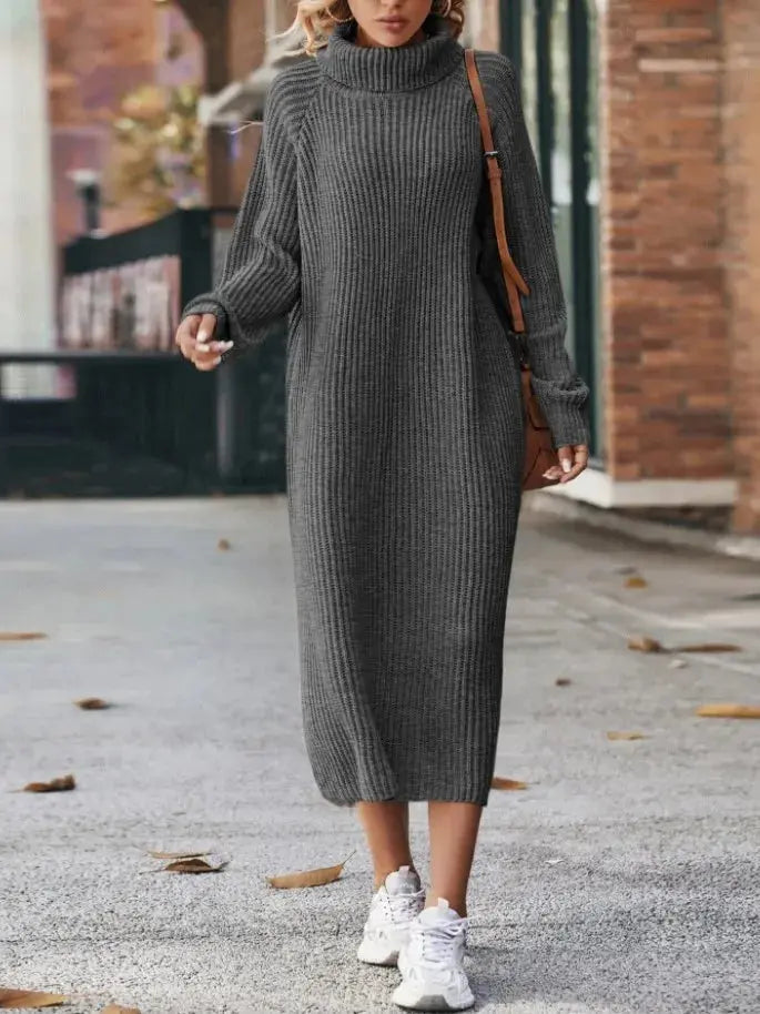 Winter New Women's Fashion Temperament Elegant Slim Fit Coat Long Woolen Dress Loose Casual High Neck Knitted Dress JNi3 shop