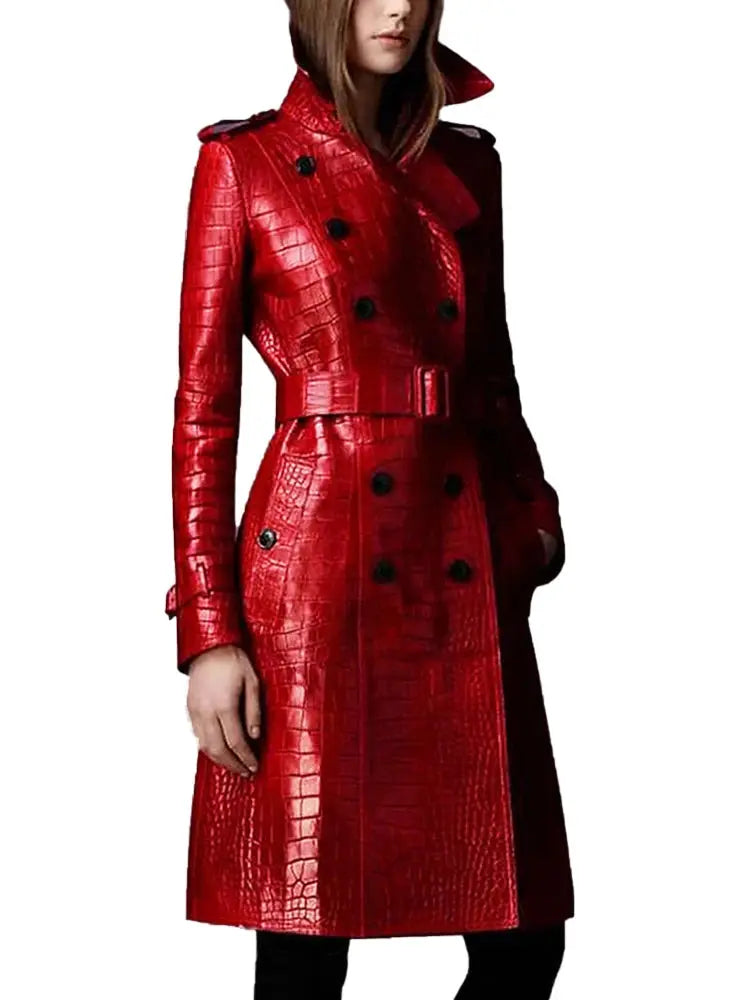 Lautaro Autumn Long Red Crocodile Print Leather Trench Coat for Women Belt Double Breasted Elegant British Style JNi3 shop