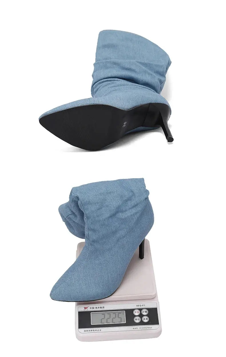 2024 New Plus Size Pointed Toe Ultra-High Slim Heel TPR Sole Light Blue Denim Mid –Calf Boots Pleated Plush Lining Sexy Boots JNi3 shop