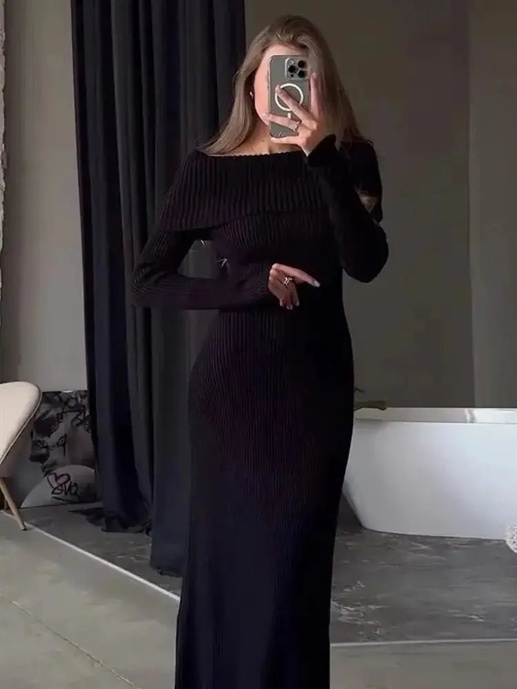 Tossy Fashion Knit Long Dress Off-Shoulder Female Ribbed Loose High Waist Elegant Autumn Party Dress Ladies Knitwear Maxi Dress JNi3 shop