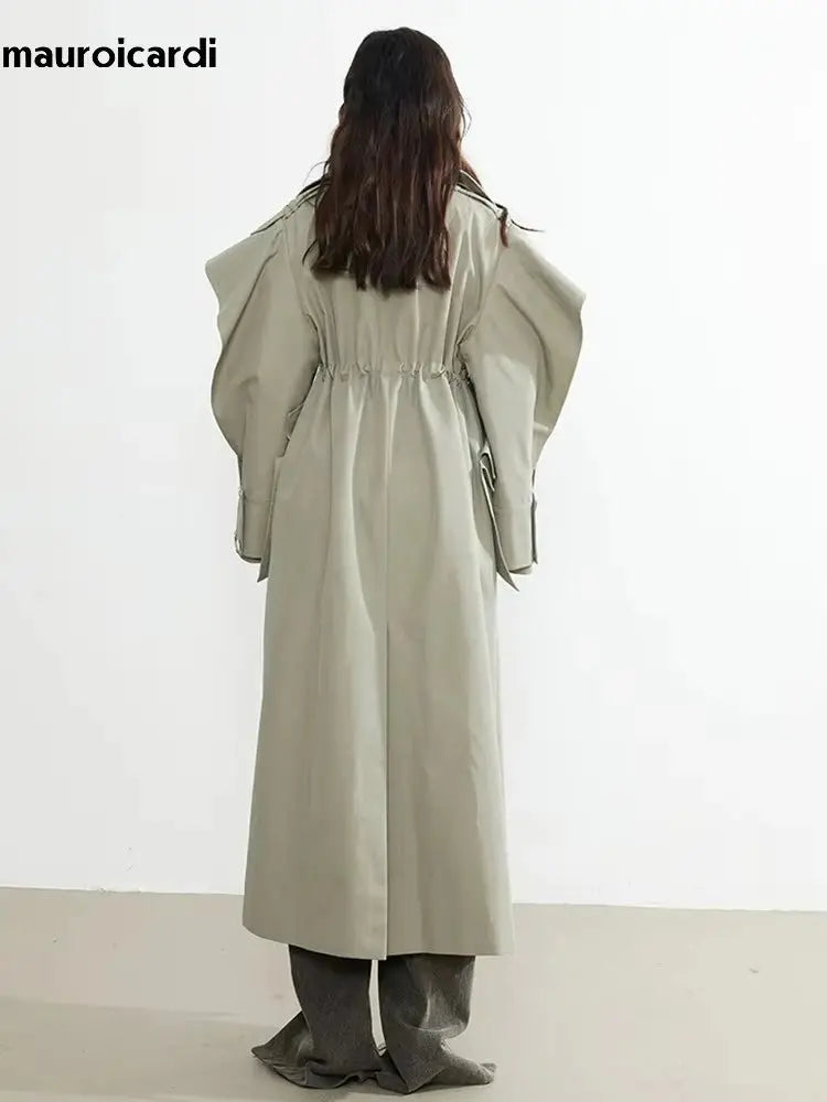 Mauroicardi Spring Long Oversized Elegant Ruffled Trench Coat for Women Double Breasted Luxury Designer Overcoat Runway Fashion JNi3 shop