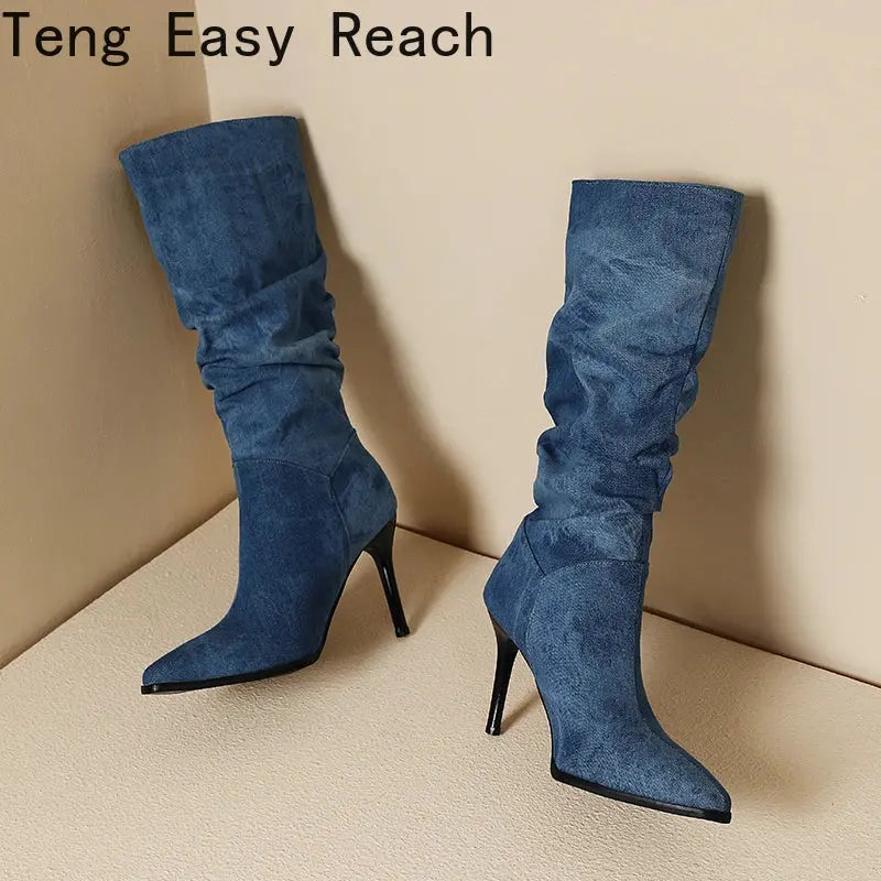 Blue Denim Knee High Cowboy Boots for Women 2025 Autumn Pleated High Heels Long Boots Woman Stiletto Heeled Jeans Botas Shoes JNi3 shop