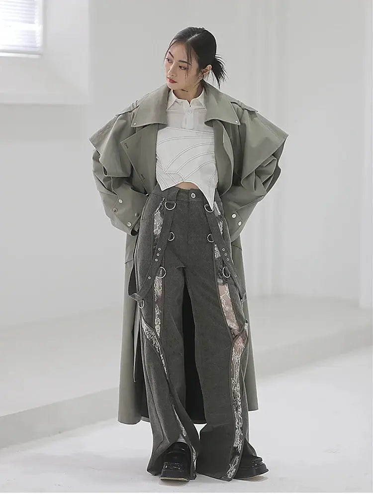 Mauroicardi Spring Long Oversized Elegant Ruffled Trench Coat for Women Double Breasted Luxury Designer Overcoat Runway Fashion JNi3 shop