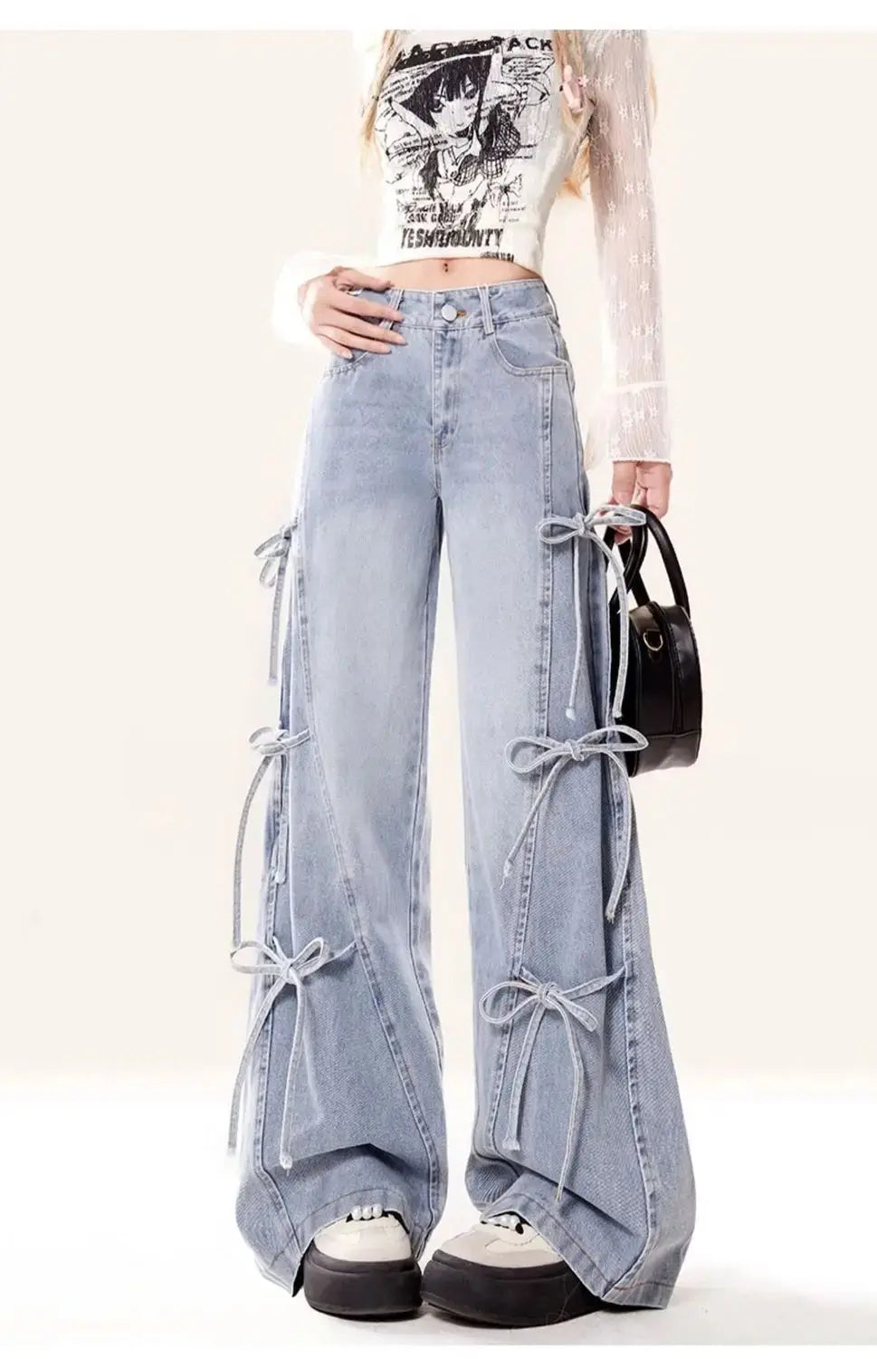MEXZT Y2K 2000S Jeans Women Vintage Streetwear Bow Bandage Wide Leg Denim Pants Harajuku Korean Baggy Casual Straight Trousers JNi3 shop