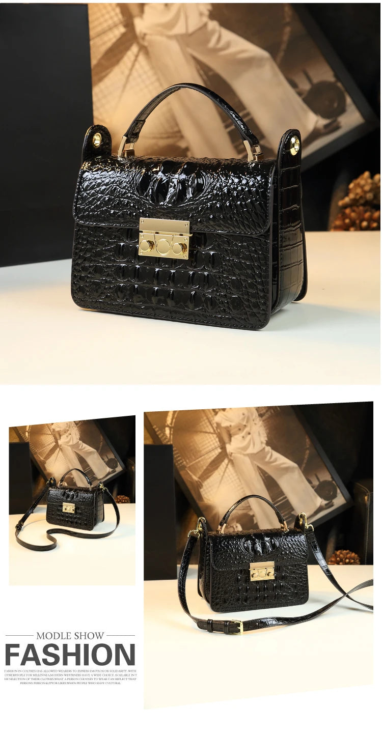 Luxury Designer Genuine Cowhide Leather Brand New High Quality Alligator pattern Shoulder Crossbody Bag Women's Handbag Square