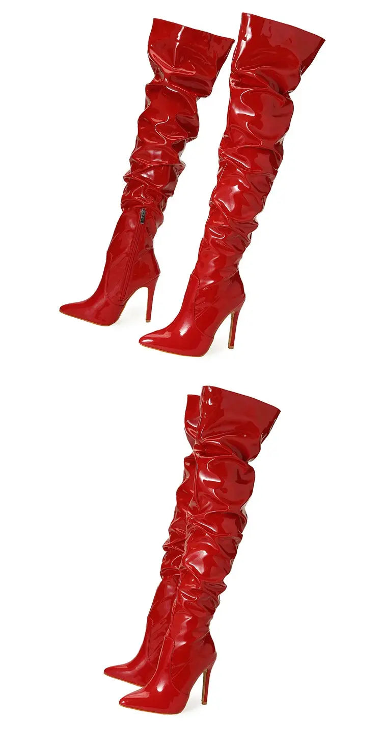 Eilyken Red Women Over The Knee Boots High Heels Patent Leather Solid Pointed Toe Stiletto Side Zipper Sapatos Femininos JNi3 shop