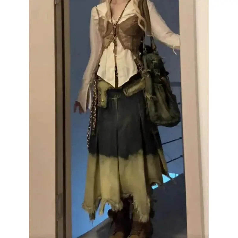 Women Denim Long Skirt Harajuku Y2k 2000s Vintage Skirts 90s Aesthetic Streetwear Fashion Korean Style A-Line Jean Skirt Clothes JNi3 shop