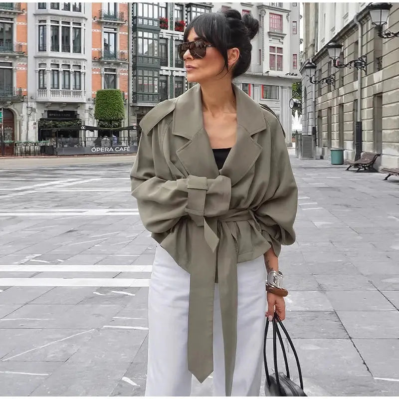 Lace Up Lapel Collar Windbreaker Women Shoulder Pat Long Sleeves Wide Shoulder Coats 2025 Autumn Commute Daily Jacket JNi3 shop