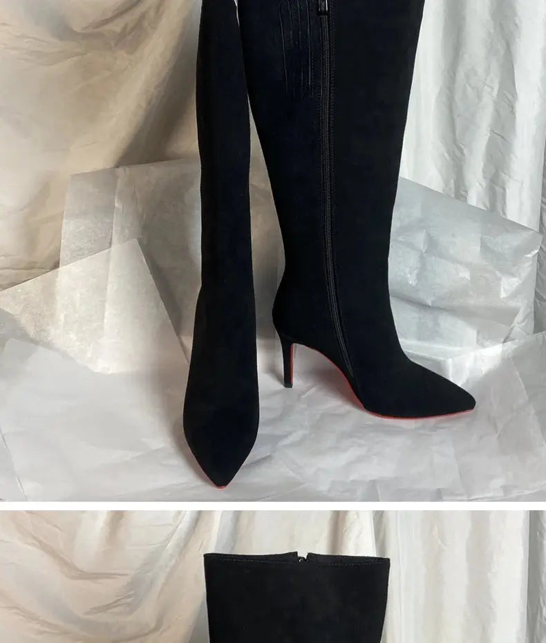 Ods Luxury Designer Sexy Pointed Toe Pole Knee High Brown Black Leather Red Sole Botas Mujer Boots For Women 8 10cm Big JNi3 shop