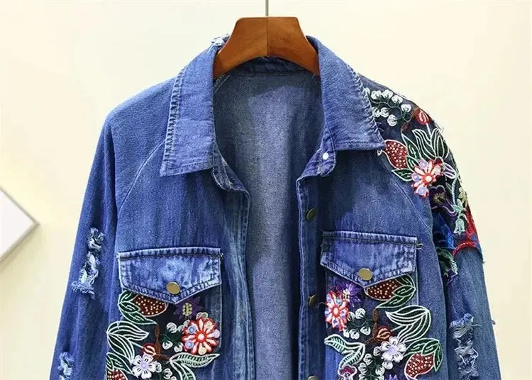 Spring Autumn Loose Vintage Flower Embroidered Denim Jacket Women Single-breasted Casual Raw Fringe Hole Jeans Jackets Female JNi3 shop