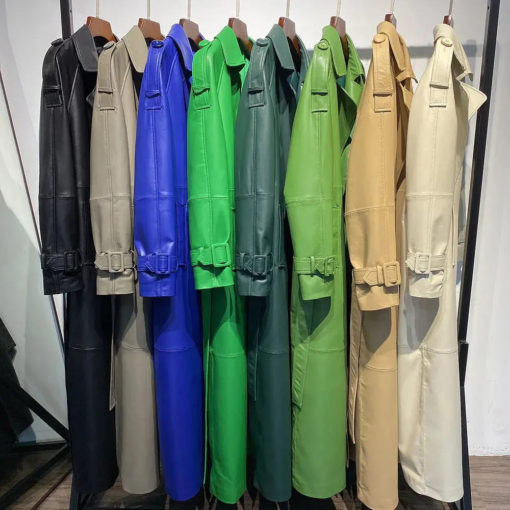 Women's Real Leather Trench Coat Long High Quality Windbreak Oversized JNi3 shop