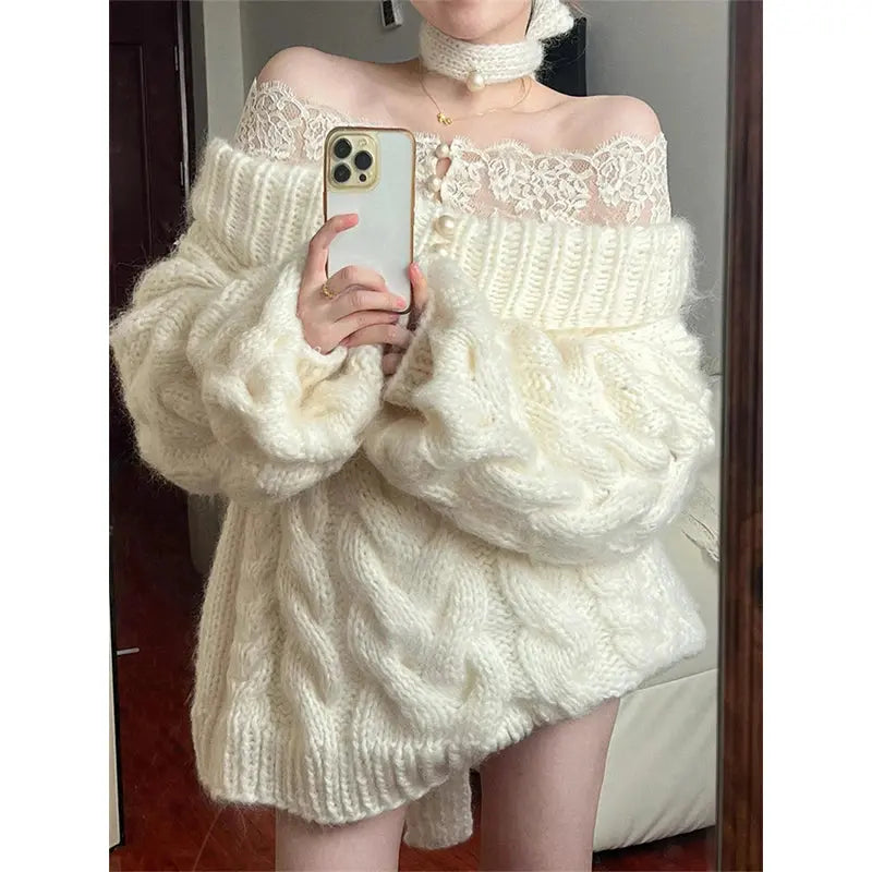 Elegant Slash Neck Sweater Women Fashion Lace Patchwork Knitted Pullovers Korean Oversized Knitwears Winter Long Sleeve Jumpers JNi3 shop