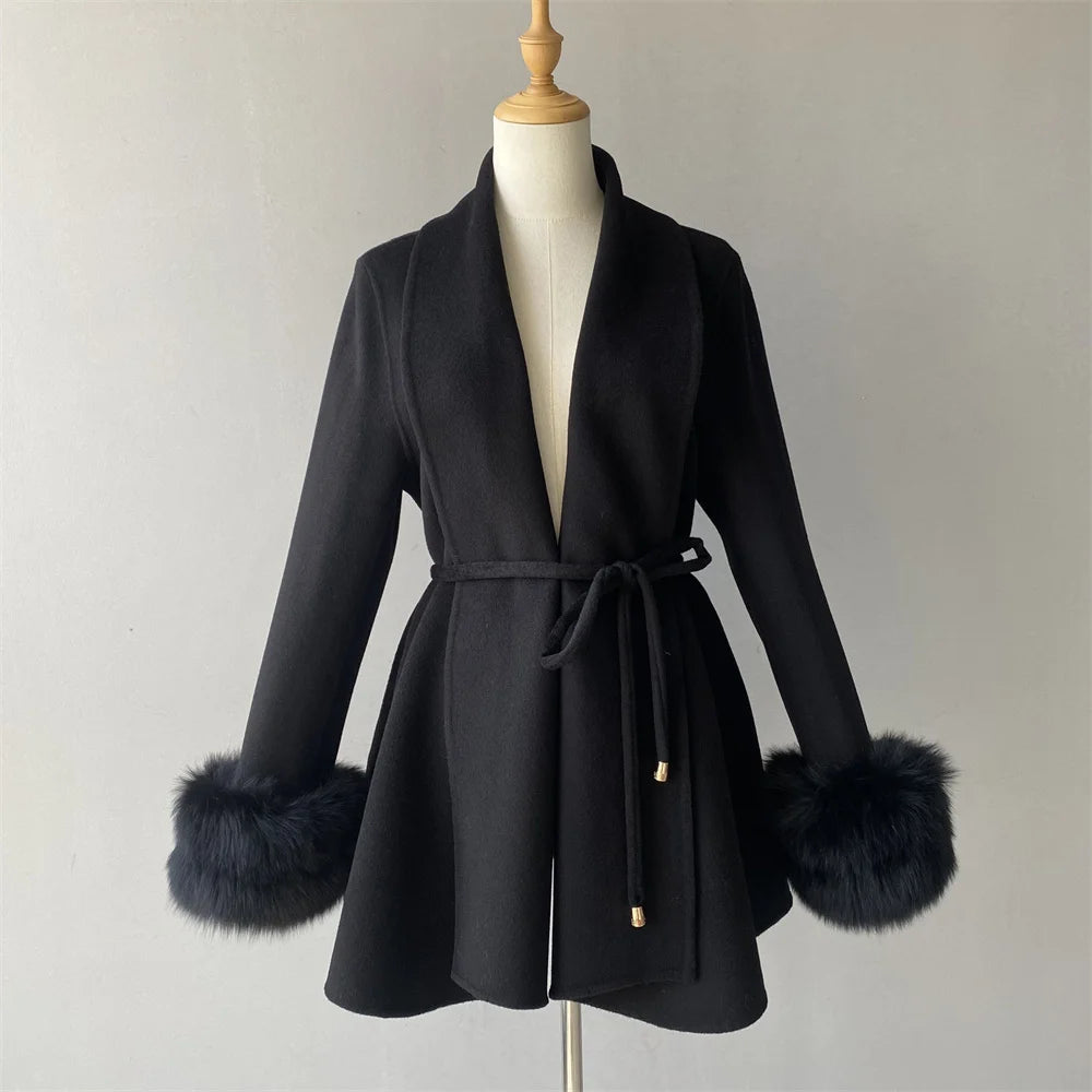 Jxwatcher Women's Wool Coats with Real Fur Cuffs Ladies Fall Fashion Wool & Blend Coats Elegant Winter Outerwear