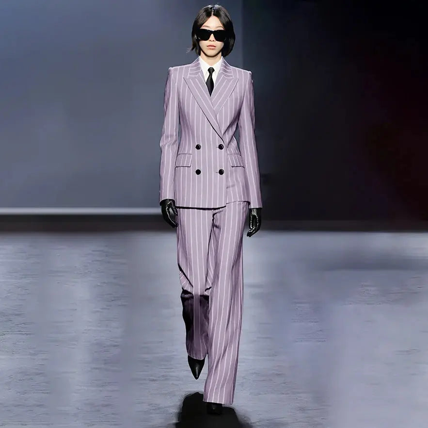 Dark Blue Stripes Women Suit Customized Double-breasted Peak Lapel Two Pieces(Jacket+Pants) Business Office Lady Competent Set JNi3 shop