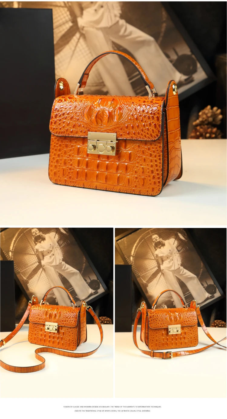 Luxury Designer Genuine Cowhide Leather Brand New High Quality Alligator pattern Shoulder Crossbody Bag Women's Handbag Square