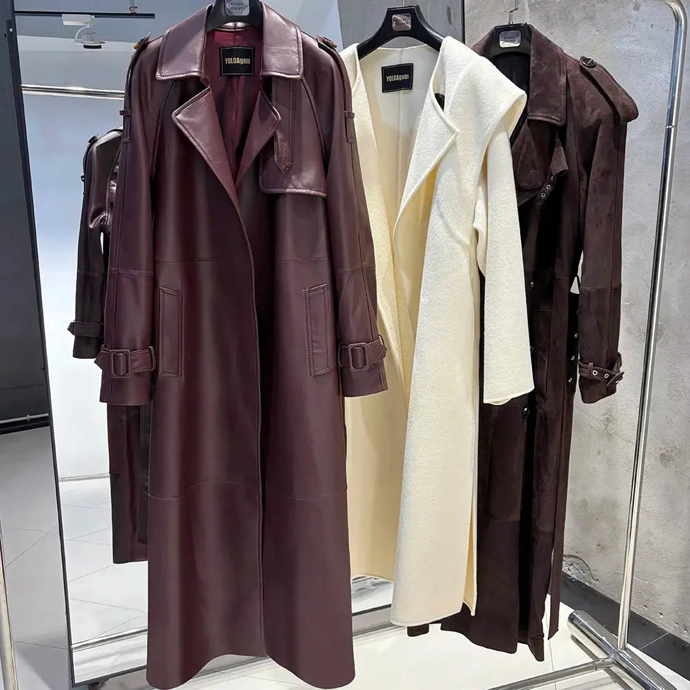 Women's Real Leather Trench Coat Long High Quality Windbreak Oversized JNi3 shop