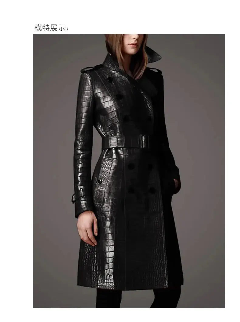 Lautaro Autumn Long Red Crocodile Print Leather Trench Coat for Women Belt Double Breasted Elegant British Style JNi3 shop