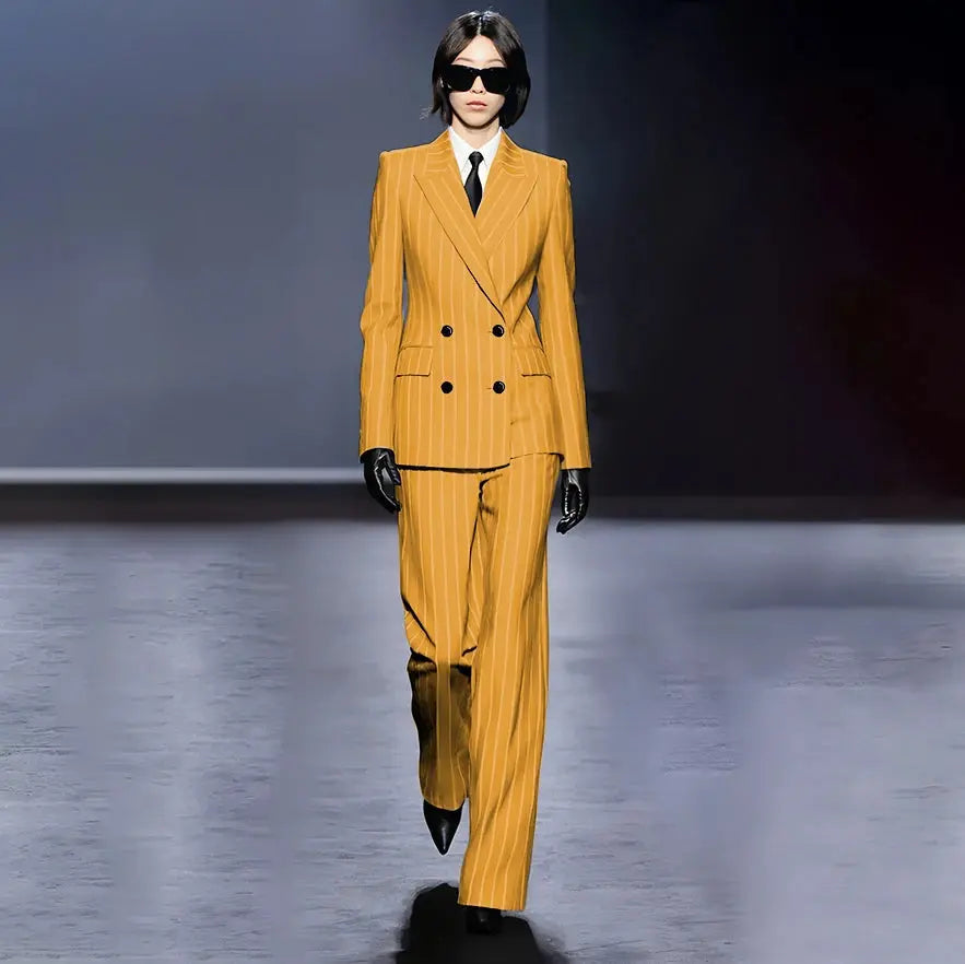 Dark Blue Stripes Women Suit Customized Double-breasted Peak Lapel Two Pieces(Jacket+Pants) Business Office Lady Competent Set JNi3 shop