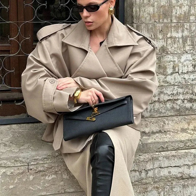 Lace Up Lapel Collar Windbreaker Women Shoulder Pat Long Sleeves Wide Shoulder Coats 2025 Autumn Commute Daily Jacket JNi3 shop