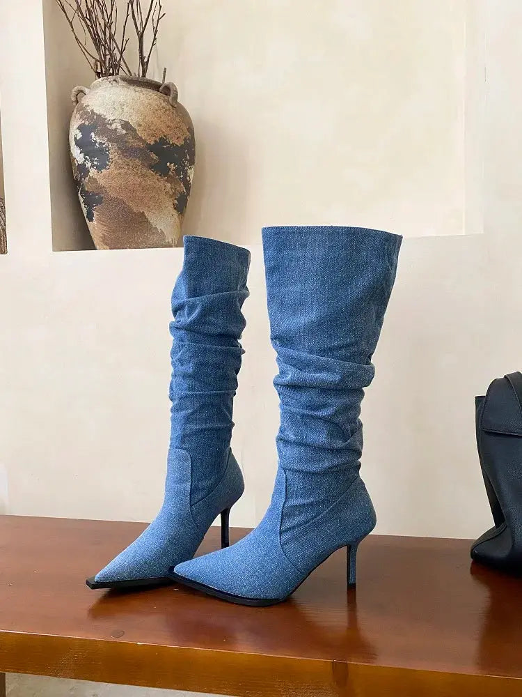 Eilyken New Sexy Thin Heels Pointed Toe Women Knee High Boots Autumn Winter Shoes 2026 High Quality Denim Zapatos Mujer JNi3 shop