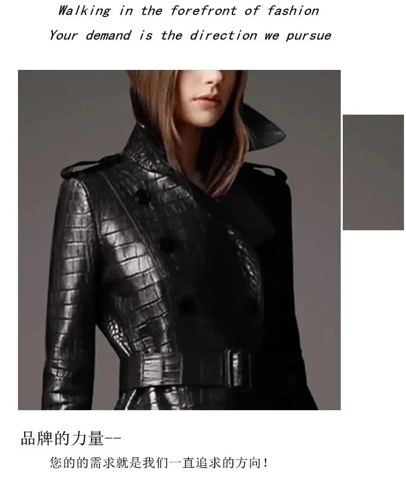 Lautaro Autumn Long Red Crocodile Print Leather Trench Coat for Women Belt Double Breasted Elegant British Style JNi3 shop