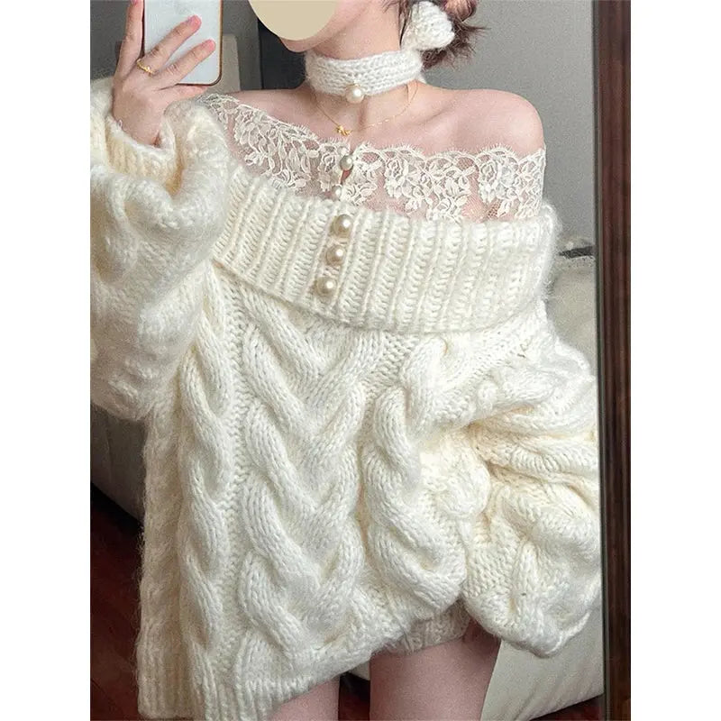 Elegant Slash Neck Sweater Women Fashion Lace Patchwork Knitted Pullovers Korean Oversized Knitwears Winter Long Sleeve Jumpers JNi3 shop