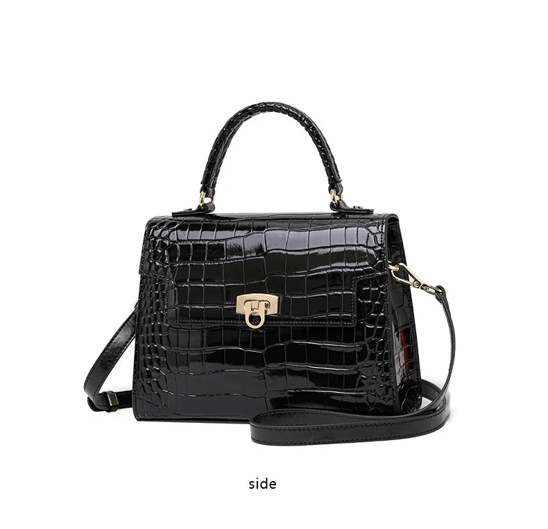 New Lacquer Skin Crocodile Pattern Women's Handbag Top Layer Cowhide Styled High Grade Single Shoulder Crossbody Bag