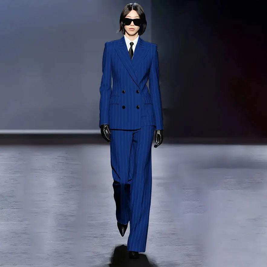 Dark Blue Stripes Women Suit Customized Double-breasted Peak Lapel Two Pieces(Jacket+Pants) Business Office Lady Competent Set JNi3 shop