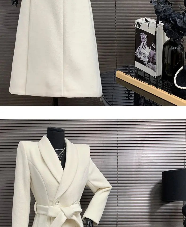 New Elegant White Woolen Coat - Thick Double-Breasted Long Winter/Autumn