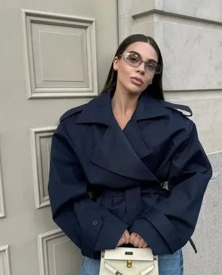 Lace Up Lapel Collar Windbreaker Women Shoulder Pat Long Sleeves Wide Shoulder Coats 2025 Autumn Commute Daily Jacket JNi3 shop