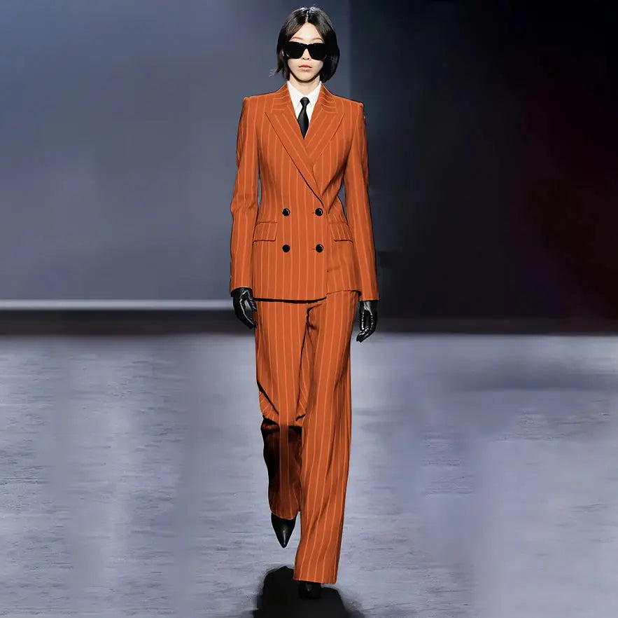 Dark Blue Stripes Women Suit Customized Double-breasted Peak Lapel Two Pieces(Jacket+Pants) Business Office Lady Competent Set JNi3 shop