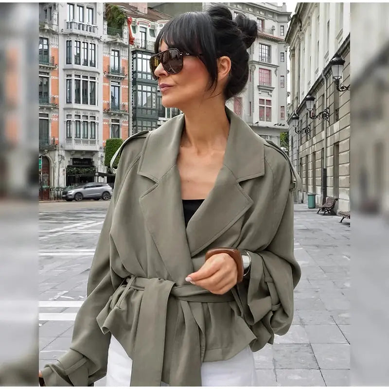 Lace Up Lapel Collar Windbreaker Women Shoulder Pat Long Sleeves Wide Shoulder Coats 2025 Autumn Commute Daily Jacket JNi3 shop