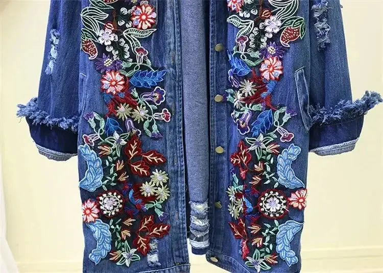 Spring Autumn Loose Vintage Flower Embroidered Denim Jacket Women Single-breasted Casual Raw Fringe Hole Jeans Jackets Female JNi3 shop
