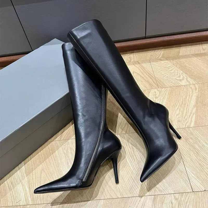 2025 Autumn And Winter New European Pointed High Boots Female Slim Heel Slim Side Zipper Motorcycle Boots High Heel Boots JNi3 shop